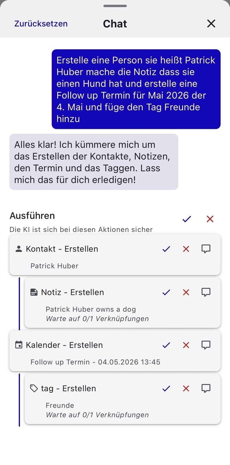 Netly AI Chat - eine Eingabe legt Kontakt, Notiz, Termin und Tag in einem Schritt an