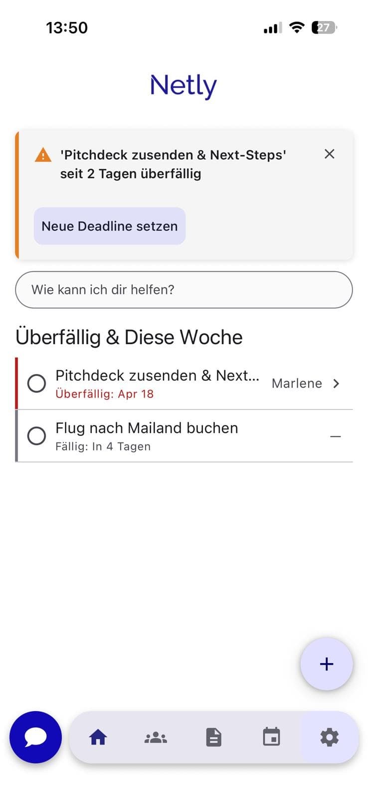 Netly dashboard - overdue tasks and upcoming meetings this week